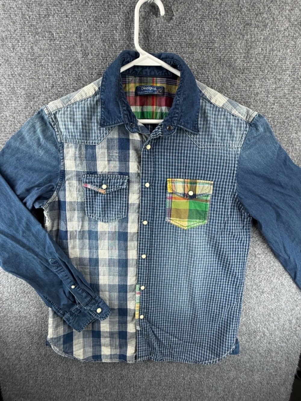Desigual Patchwork Blue White Medium Plaid Cotton Long Sleeve Art Designer Men